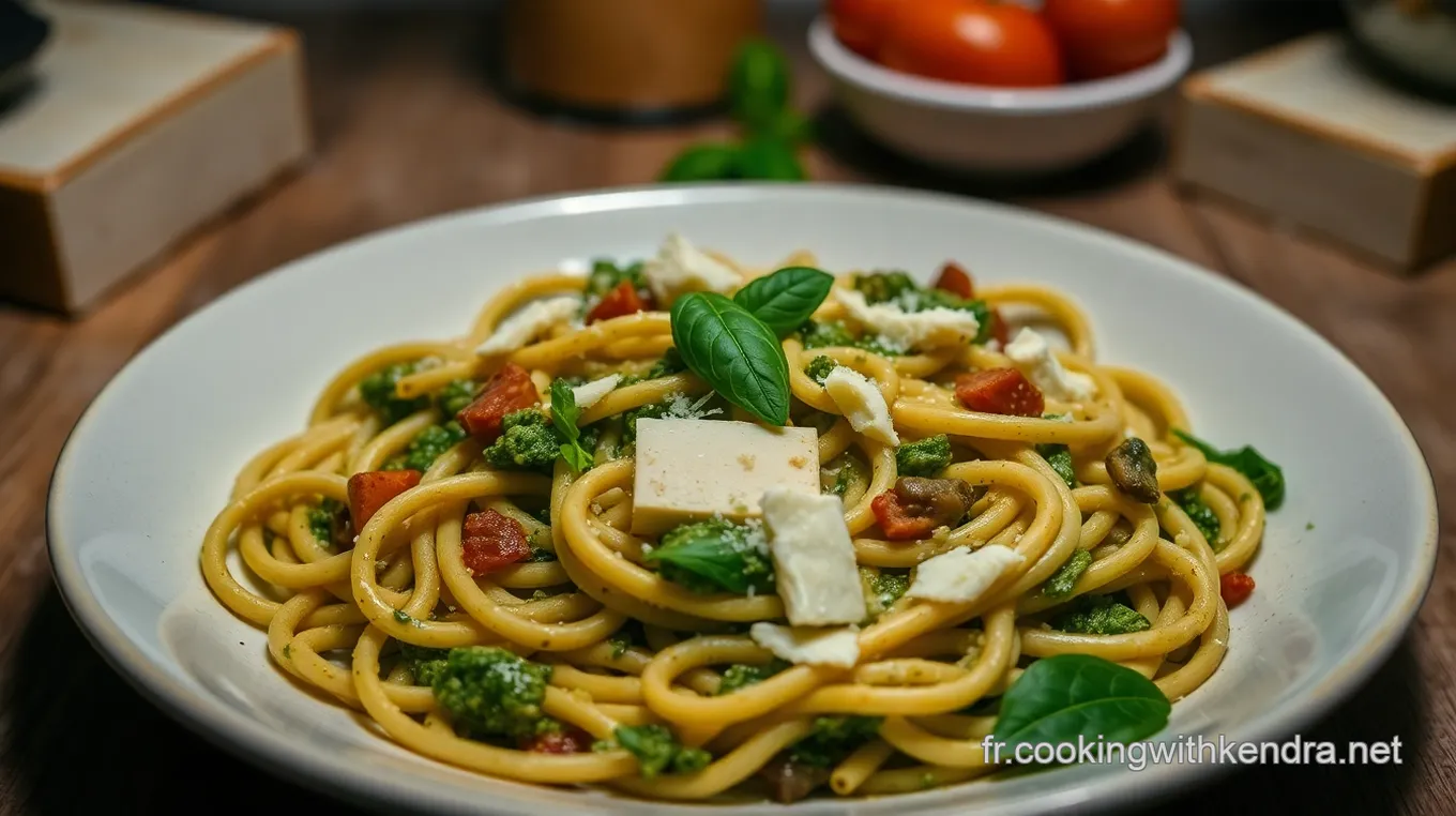 Fusili al Pesto Classique : Un Délice de Cuisine Méditerranéenne Fusili al Pesto Classique avec Tomates Cerises et Pignons de Pin