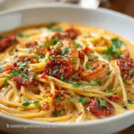 Spaghetti &agrave; la Cr&egrave;me de Poivron Chorizo et Crevett, Sauce Cr&eacute;meuse.
