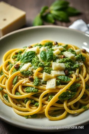 Fusili al Pesto Classique avec Tomates Cerises et Pignons de Pin presentation