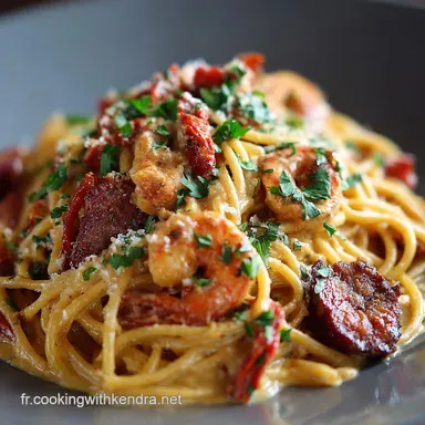 Spaghetti &agrave; la Cr&egrave;me de Poivron Chorizo et Crevett, Sauce Cr&eacute;meuse. Fiche recette