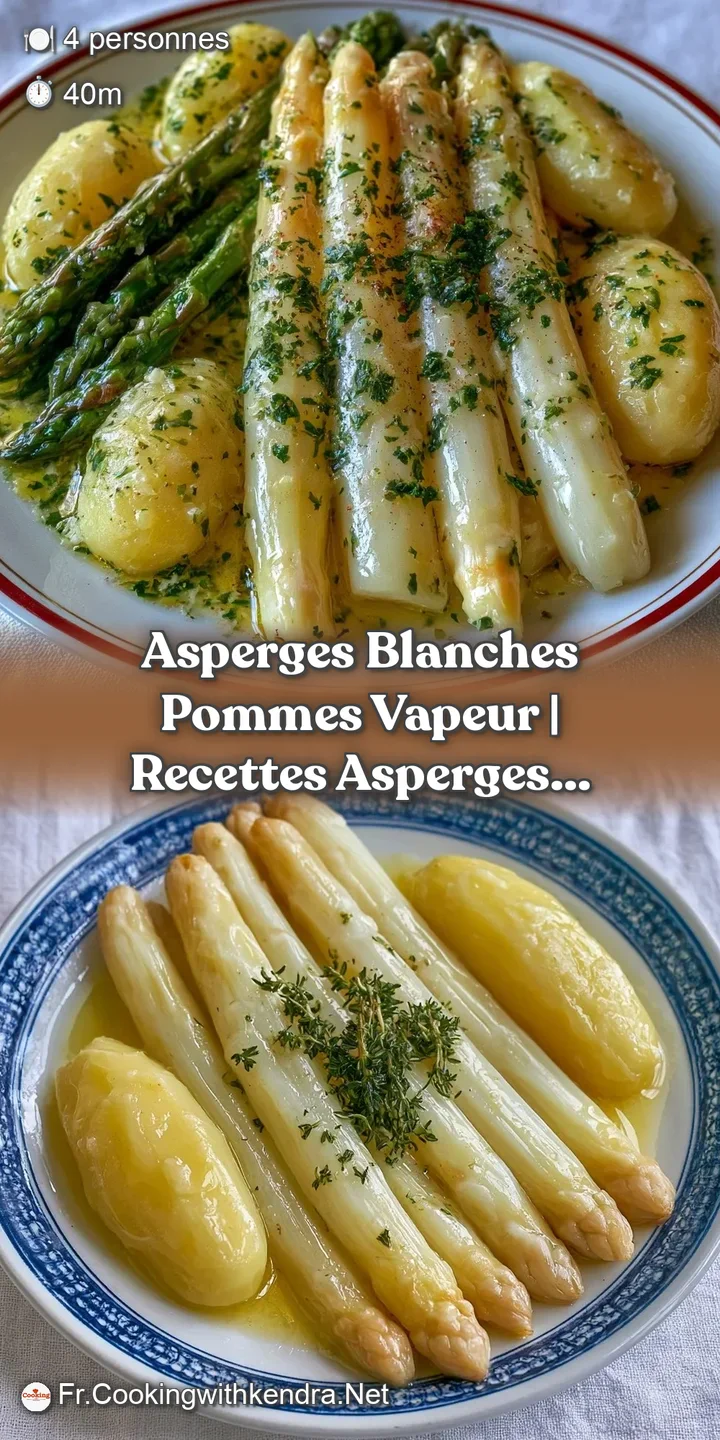Gros plan sur la texture fondante d'asperges blanches et de pommes vapeur, avec des gouttes de beurre scintillant.
