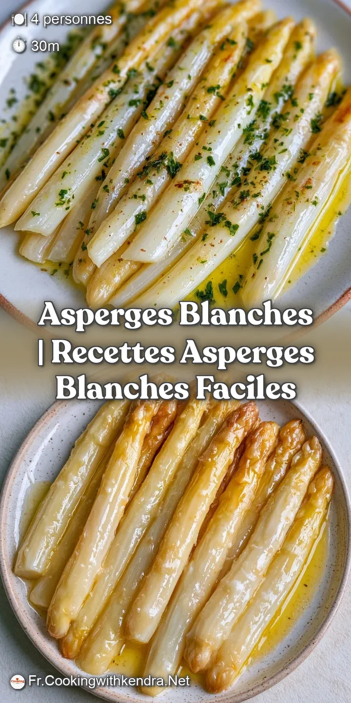Gros plan sur la texture tendre d'une asperge blanche brillante, napp&eacute;e de beurre chaud et de grains de poivre noir.