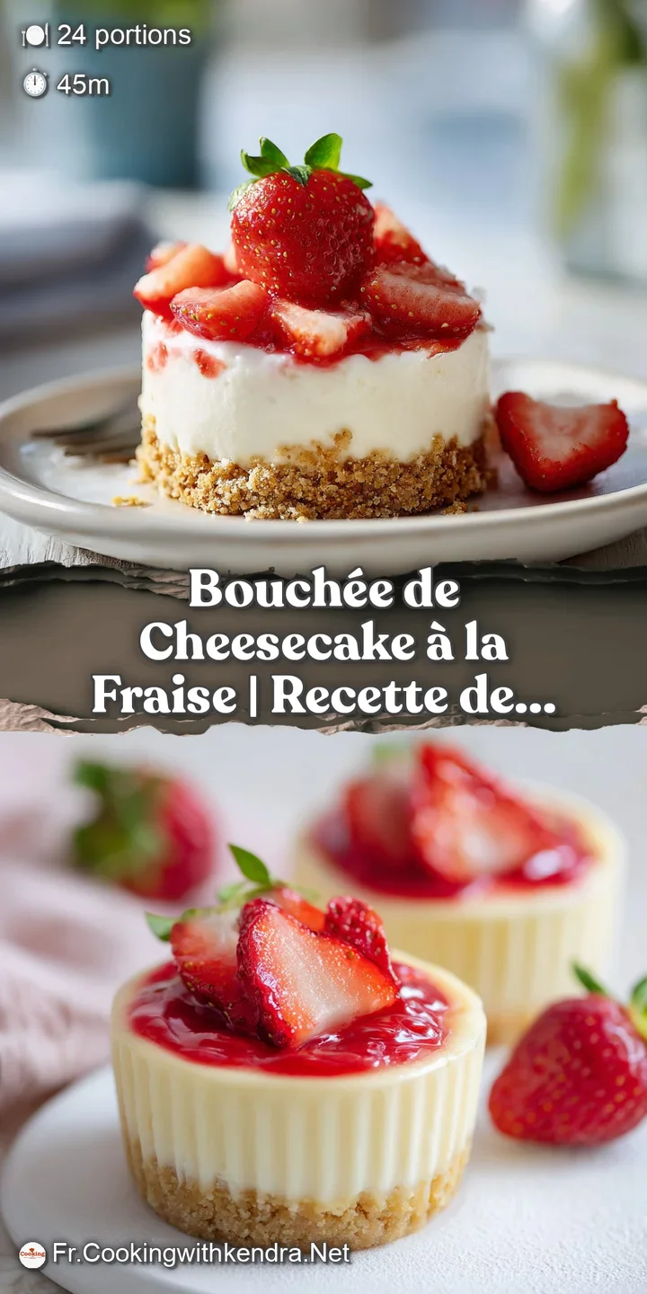 Close-up of a smooth, pale strawberry cheesecake bite with glistening fruit and a delicate crumbly base.