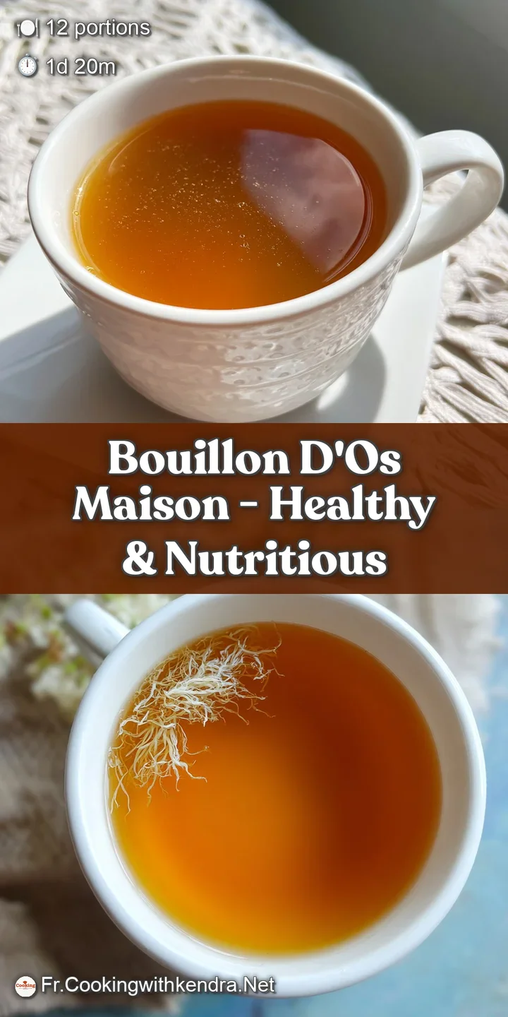 Close-up of shimmering bone broth, fat droplets catching the light, promises savory flavor and warmth in every nourishing ...