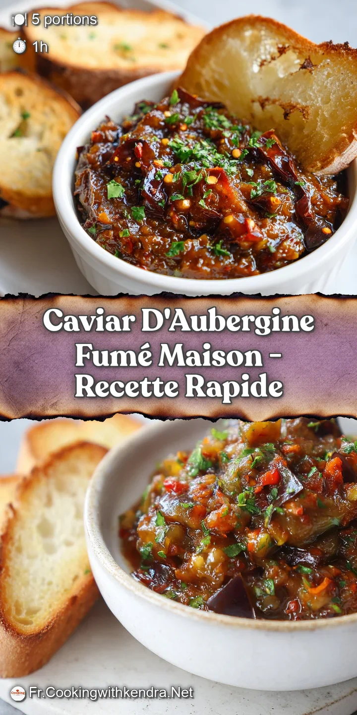 Close-up of smoked eggplant caviar: Charred skin flecks, glistening oil, vibrant herbs create a flavorful, appealing appet...