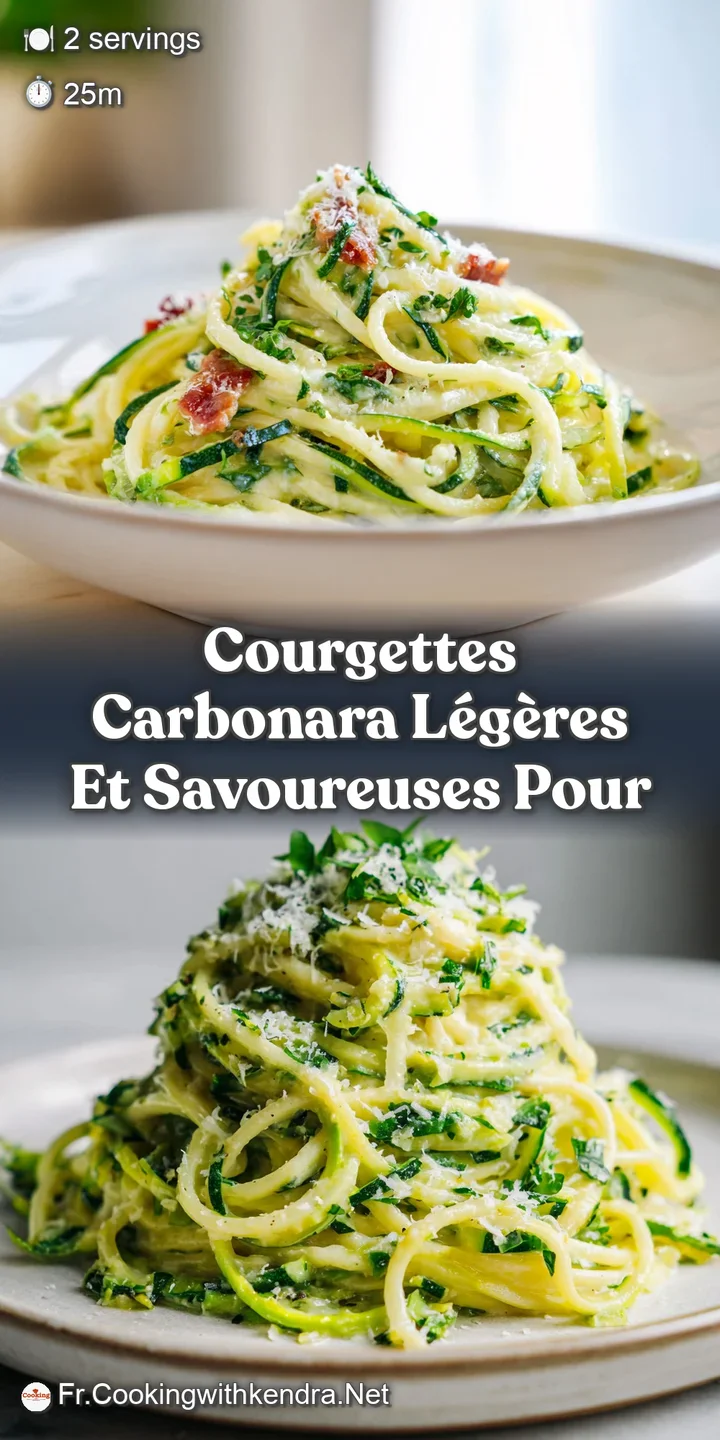 Close-up of glistening zucchini carbonara, creamy sauce clinging to the pasta, promising a flavorful bite.