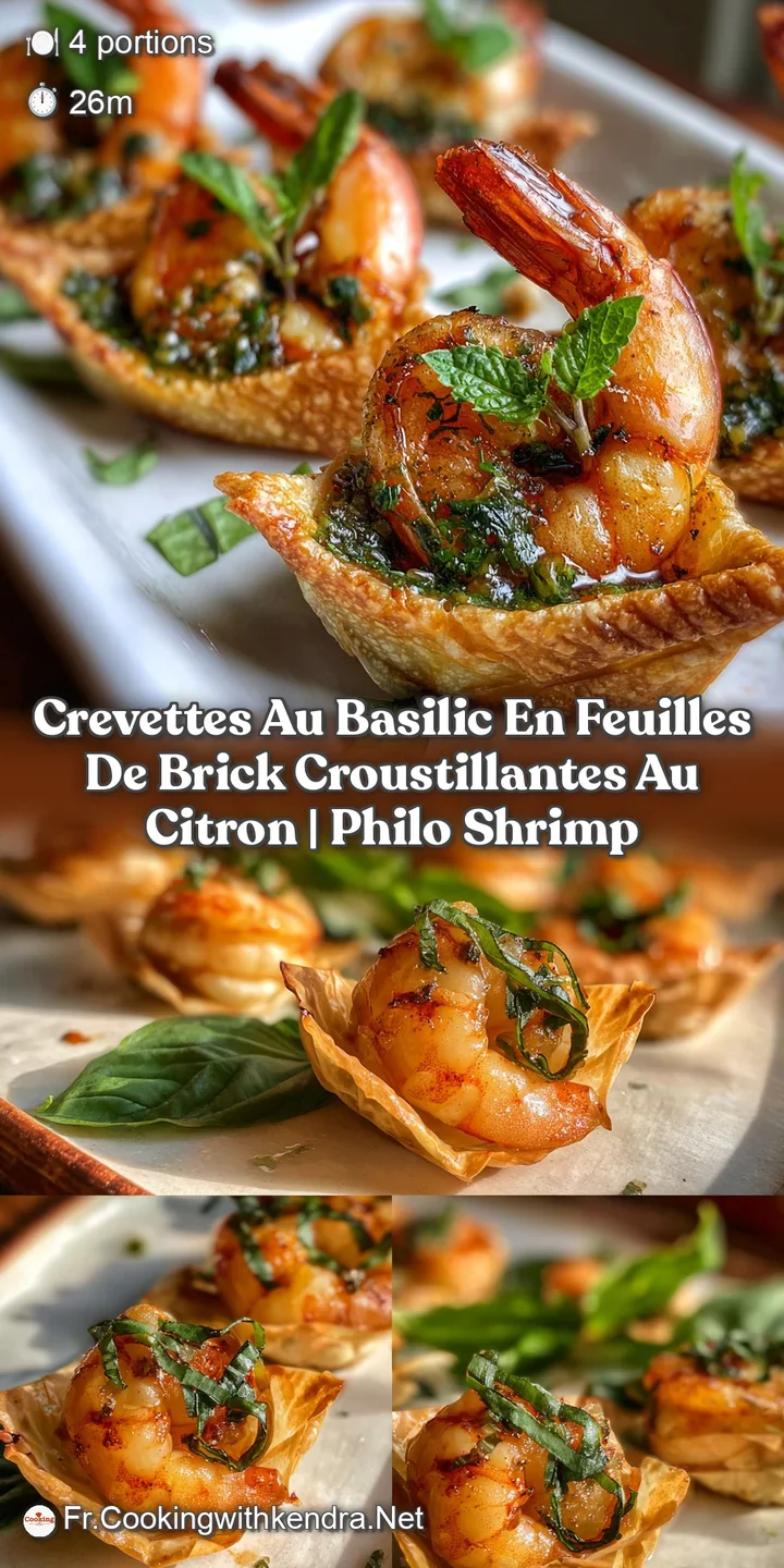 Close-up of a perfectly crisped brick pastry parcel, revealing a juicy prawn and aromatic basil leaves with a hint of lemo...