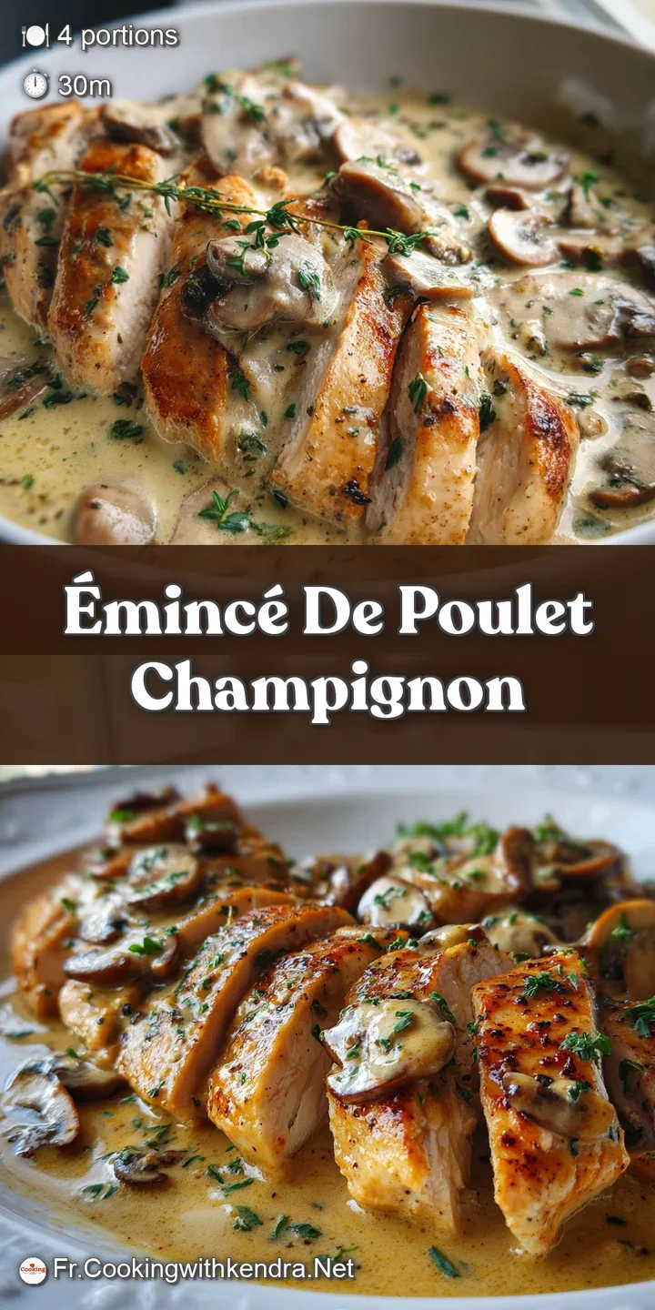 Close-up shows tender chicken and earthy mushrooms coated in a rich, ivory sauce with flecks of fresh herbs.
