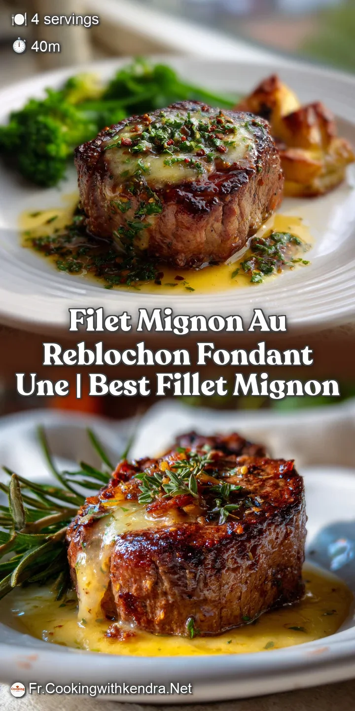 Seared filet mignon with a perfectly caramelized crust, draped in melted, creamy cheese, served on a rustic plate.