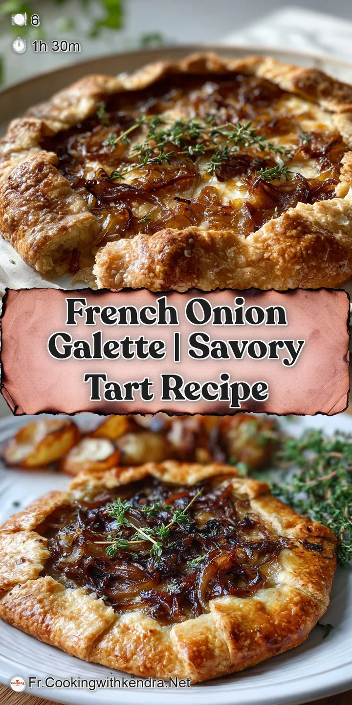 Close-up of a French onion galette: glistening, sweet caramelized onions peek from golden, flaky crust. Bubbling, melted c...