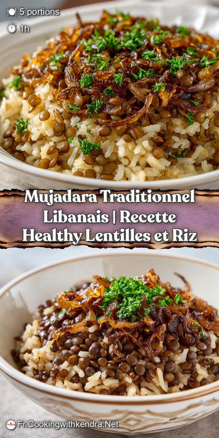 Close-up view of glistening, perfectly cooked lentils and rice, layered with dark, sweet, crispy fried onions.