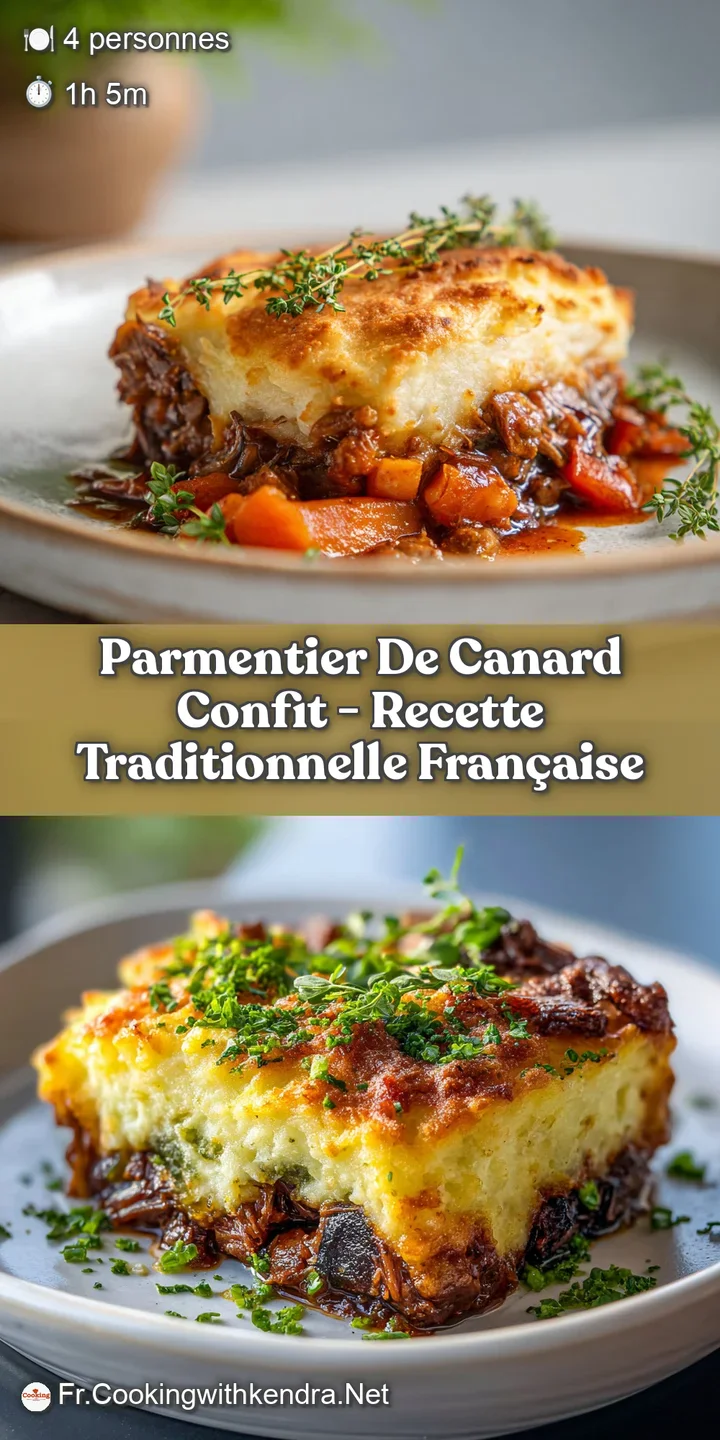 Close-up of duck confit Parmentier, potato crust glistening with melted butter, revealing shredded duck meat. Rich and sav...