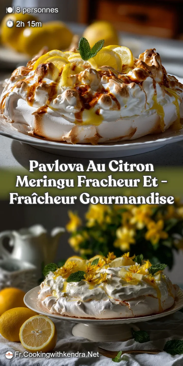 Close-up of a pavlova with a perfectly crisp meringue shell, yielding to a tangy lemon curd center, garnished with fresh, ...