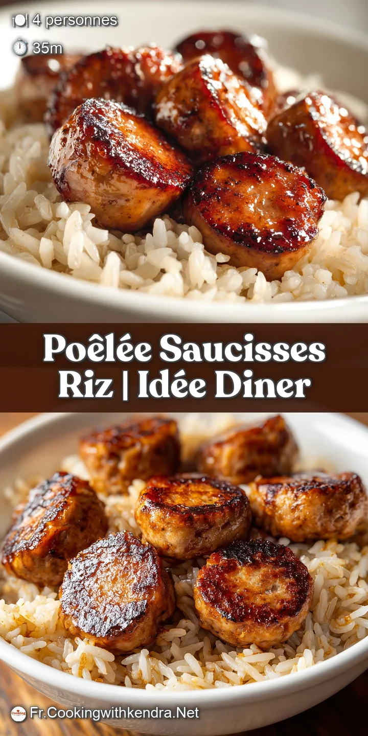 Extreme close-up of seared, juicy sausages resting on a bed of steaming, buttery rice with colorful diced carrots.