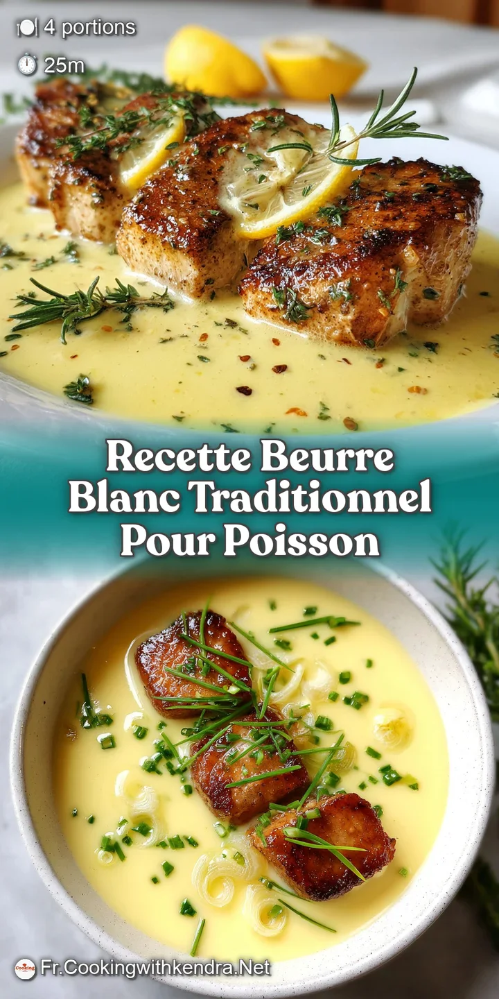 Close-up view of creamy, pale gold beurre blanc sauce clinging to flaky white fish; herbs add a pop of fresh color.