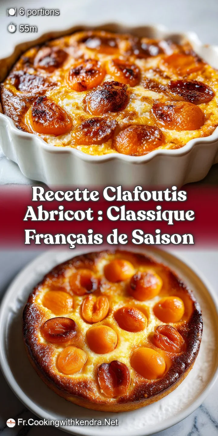 Close-up of warm apricot clafoutis, highlighting the soft texture and golden-brown edges. Fruit is caramelized and juicy, ...