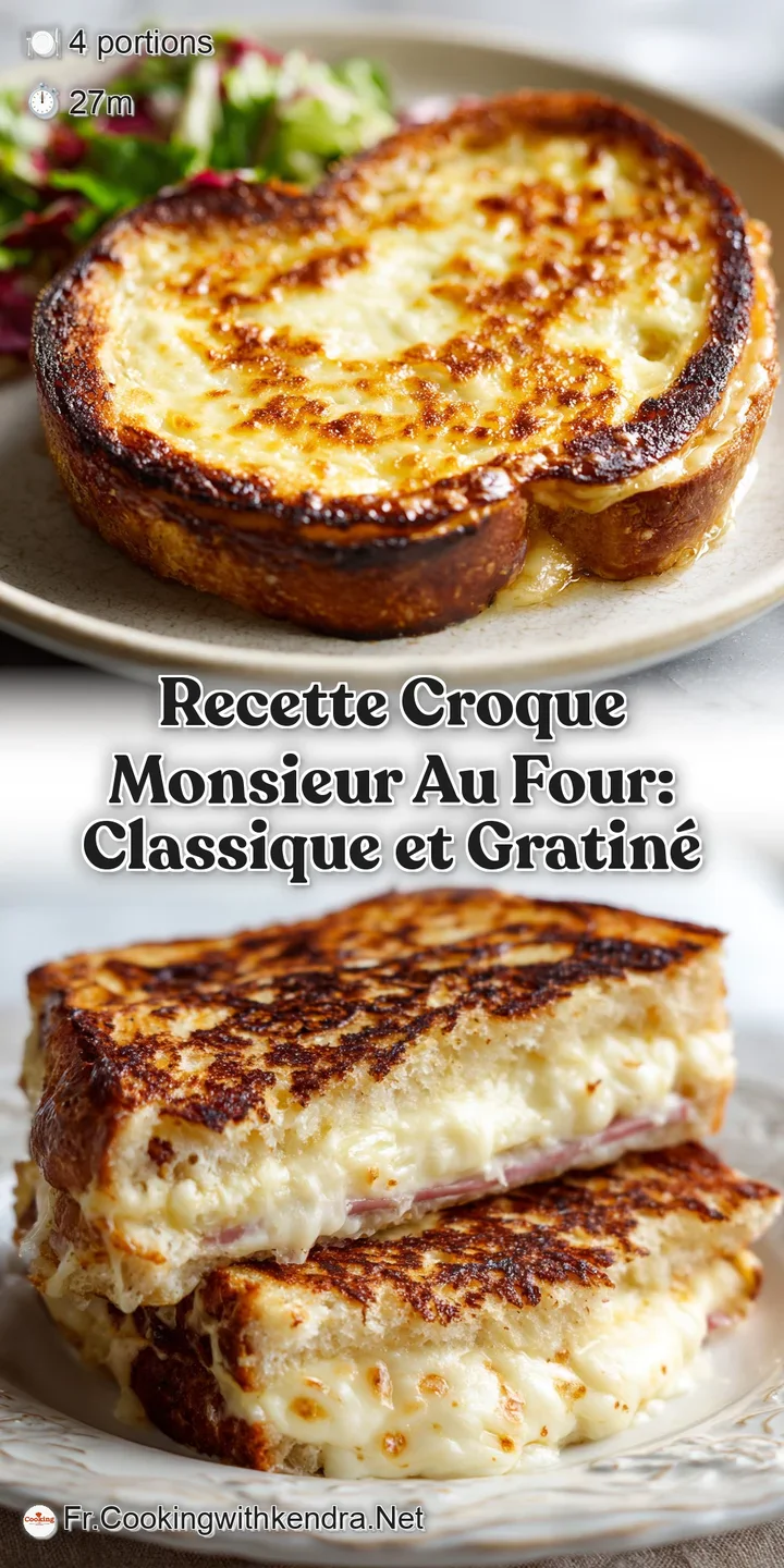 Close-up of a Croque Monsieur: melted cheese glistening, toasted bread crusty, with visible layers of savory ham peeking t...