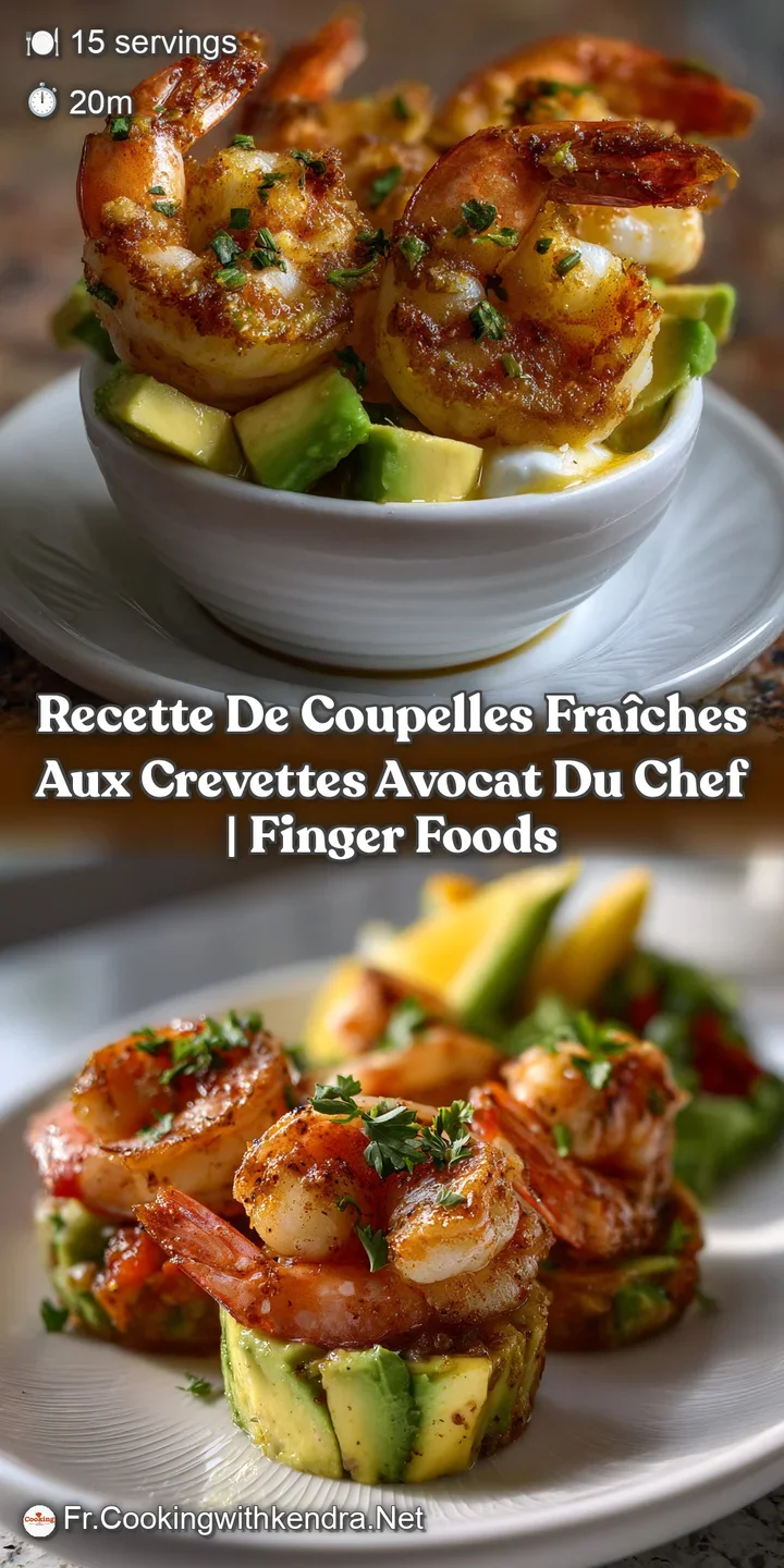 Close-up of fresh shrimp and avocado coupelles; creamy avocado contrasted with plump, pink shrimp, and a delicate drizzle ...