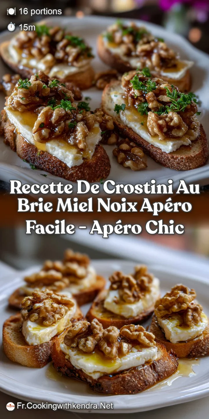 Close-up of bubbling, melted brie on a crostini, with a swirl of amber honey and the crunch of toasted walnuts.