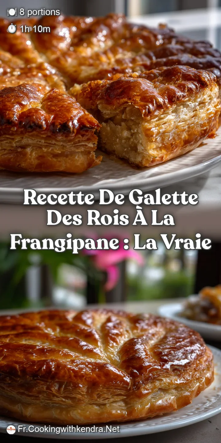 Close-up of the frangipane filling spilling from the cut galette. The texture is creamy with a dusting of powdered sugar o...