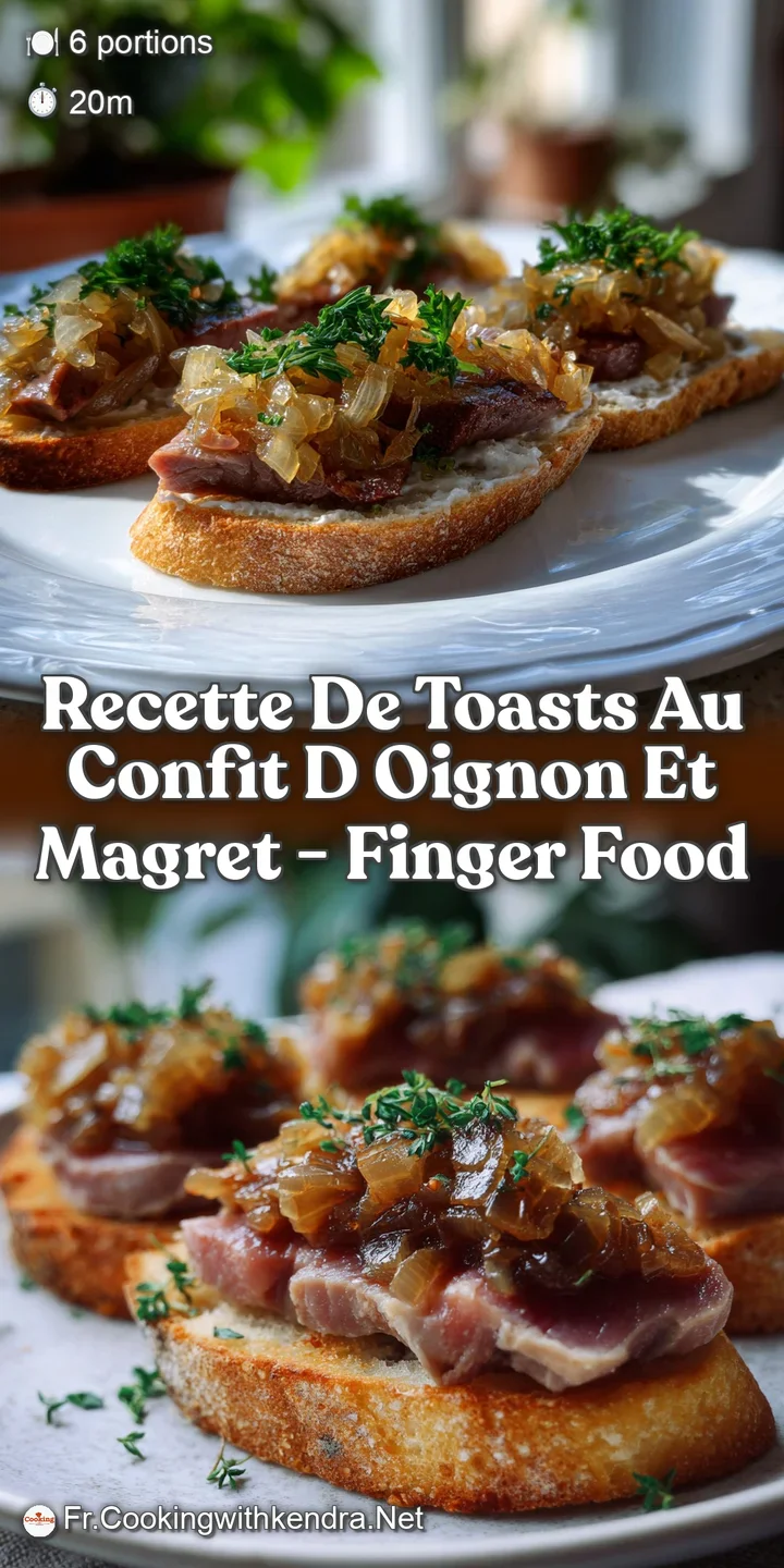 Close-up of a toast with a glistening layer of onion confit, the rich color contrasting with the perfectly seared duck bre...