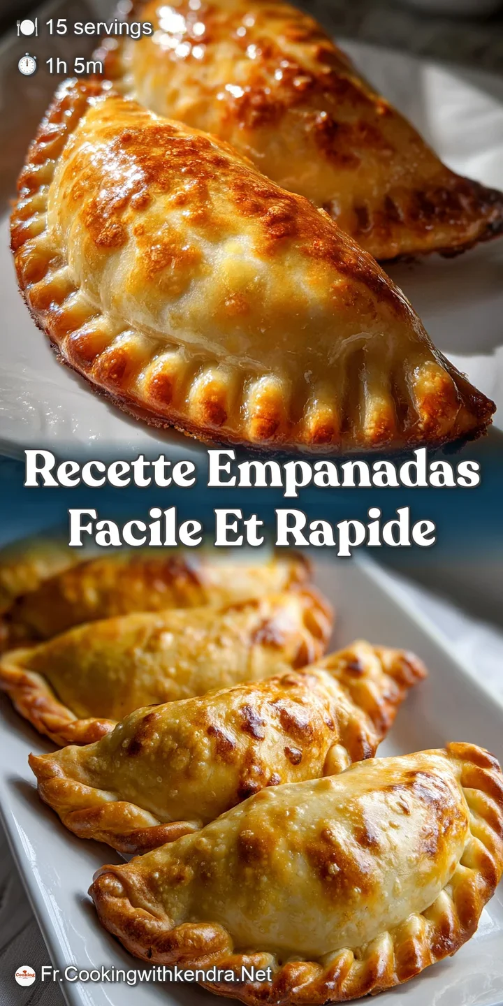 Close-up reveals the crimped crust of a golden-baked empanada. Rich, savory filling with visible herbs promises a delightf...