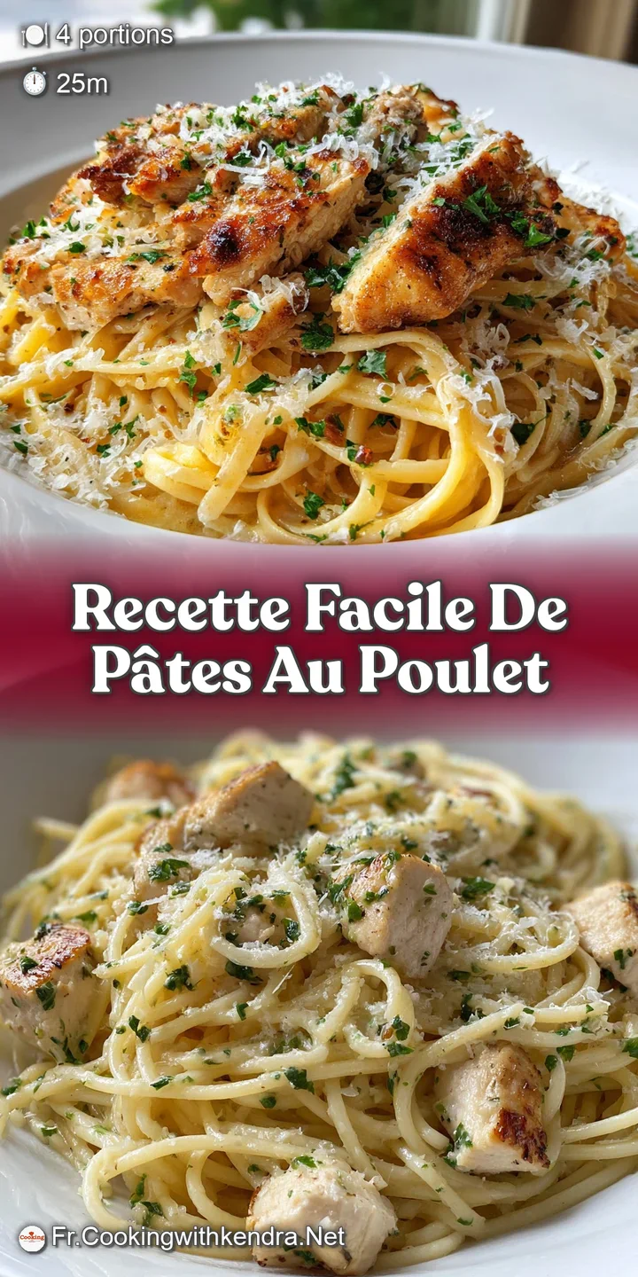 Close-up of creamy chicken pasta; al dente noodles coated in a rich sauce with juicy chicken and bright green herbs.