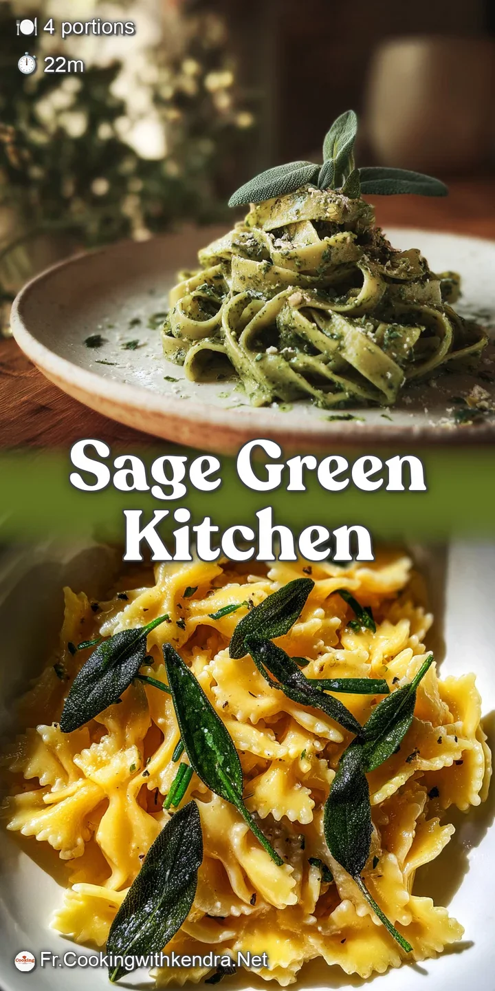Close-up of glistening green pasta coated in a velvety sauce, speckled with golden fried sage, promising earthy flavor.