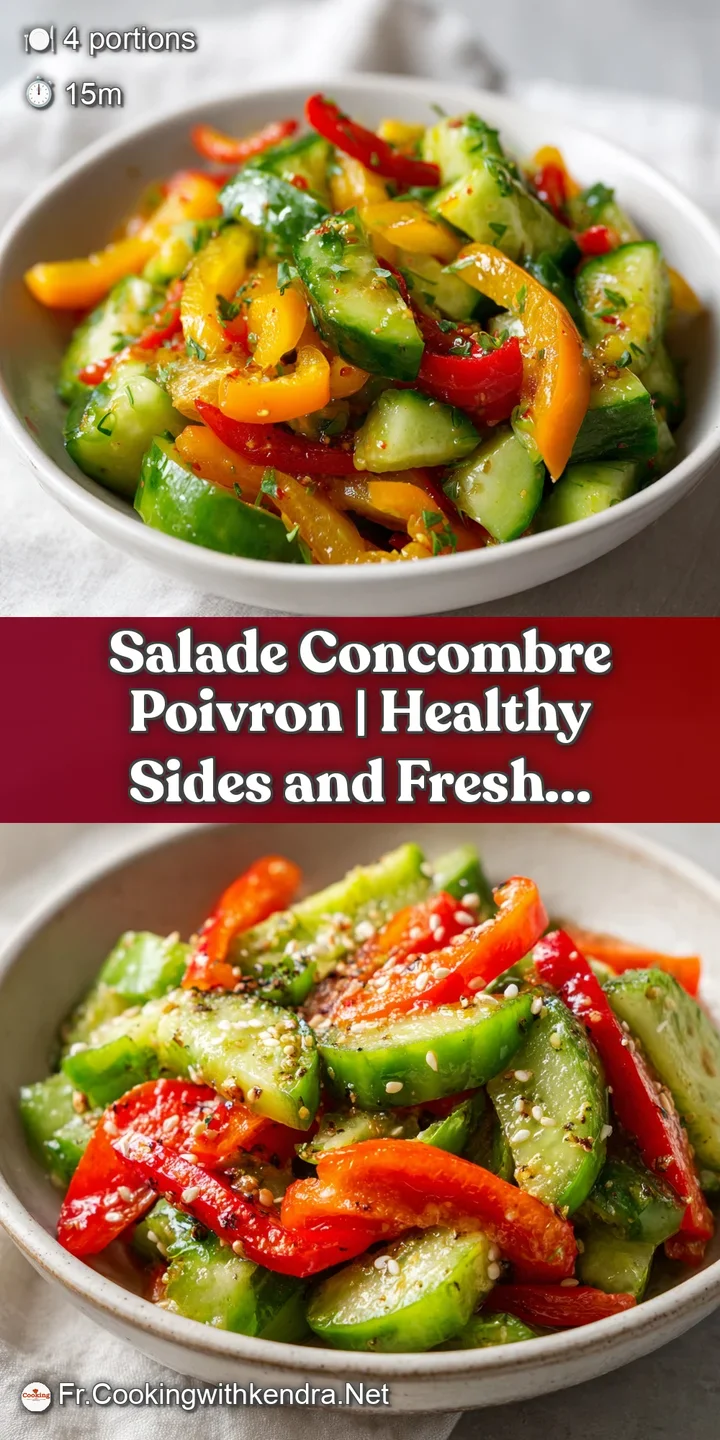 Close-up of glistening cucumber rounds and crunchy bell pepper pieces, glistening with a light dressing.