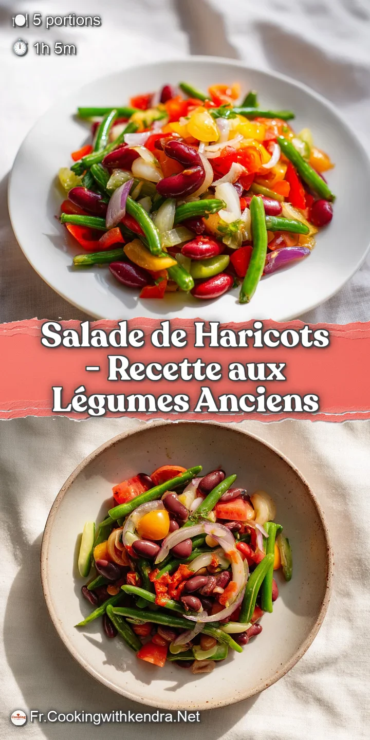 Close-up of tender green beans and jewel-toned heirloom vegetables glistening with a light, savory dressing.