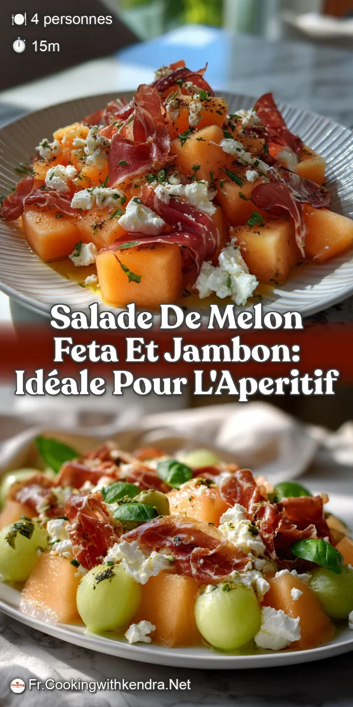 Close-up view of a refreshing melon salad with juicy cantaloupe cubes, creamy feta, and delicate, paper-thin prosciutto sl...