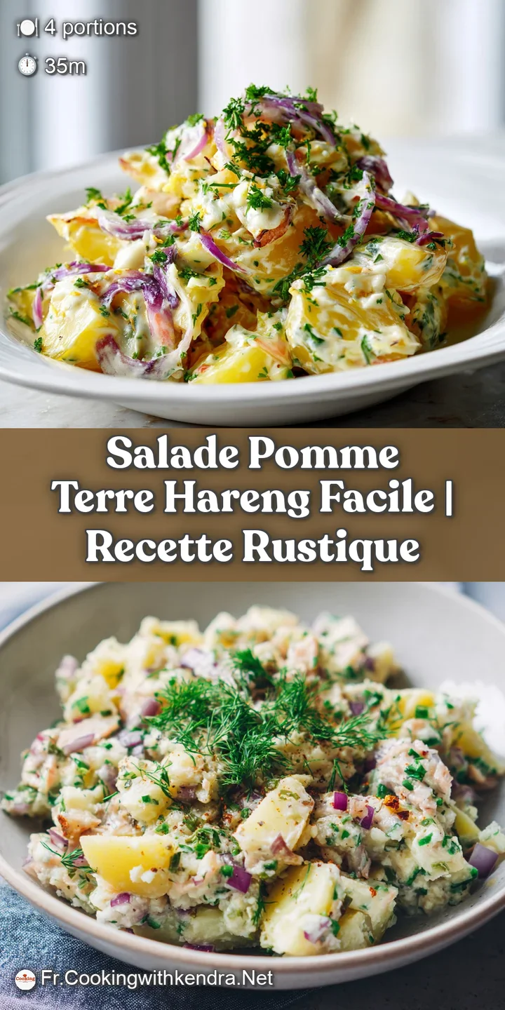 Close-up shows the creamy texture of the potato salad, with the silvery sheen of herring and bright pops of green herbs.