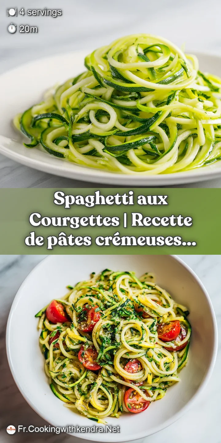 Close-up of creamy spaghetti entwined with bright green zucchini ribbons, glistening with sauce and herbs.