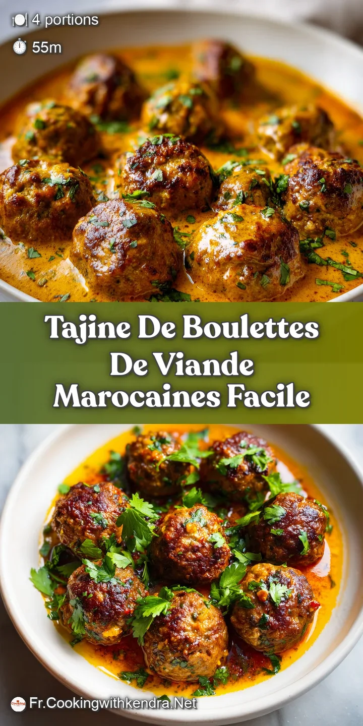 Close-up of juicy, spiced Moroccan meatballs simmering in rich tomato sauce, offering a warm, inviting, and flavorful appe...