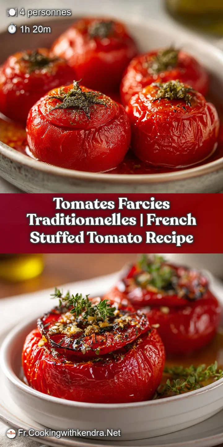 A glistening, baked tomato half, overflowing with a rich, textured filling.