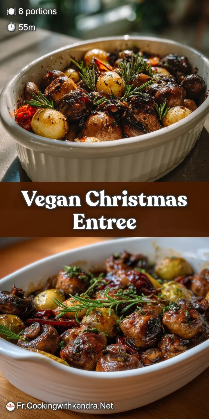 Appetizing close-up of a mushroom Wellington showing the rich, dark, earthy filling peeking out from the flaky, golden pas...