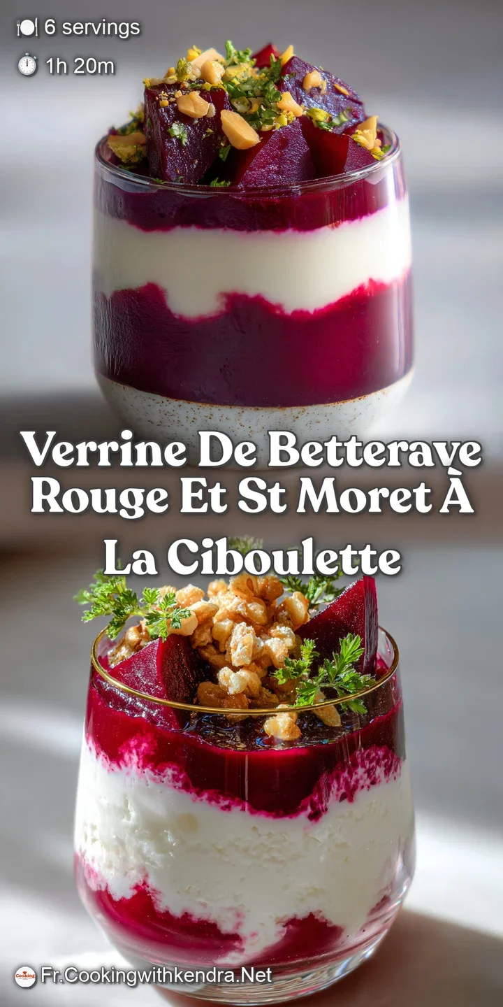 Close-up of a layered beetroot and cheese verrine; deep pink beetroot contrasts with creamy white cheese, speckled with gr...