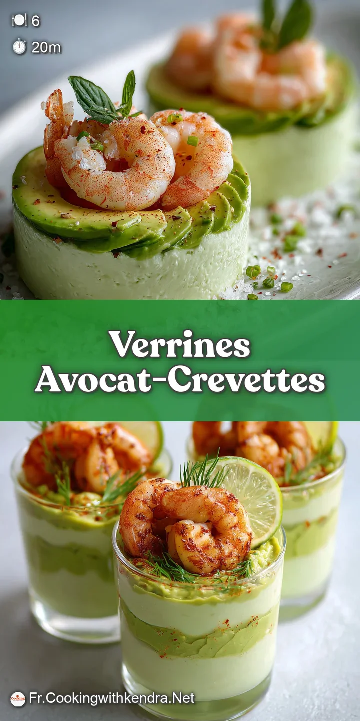 Close-up of an avocado and shrimp verrine, highlighting the smooth avocado mousse and plump, juicy shrimp. Textures visible.