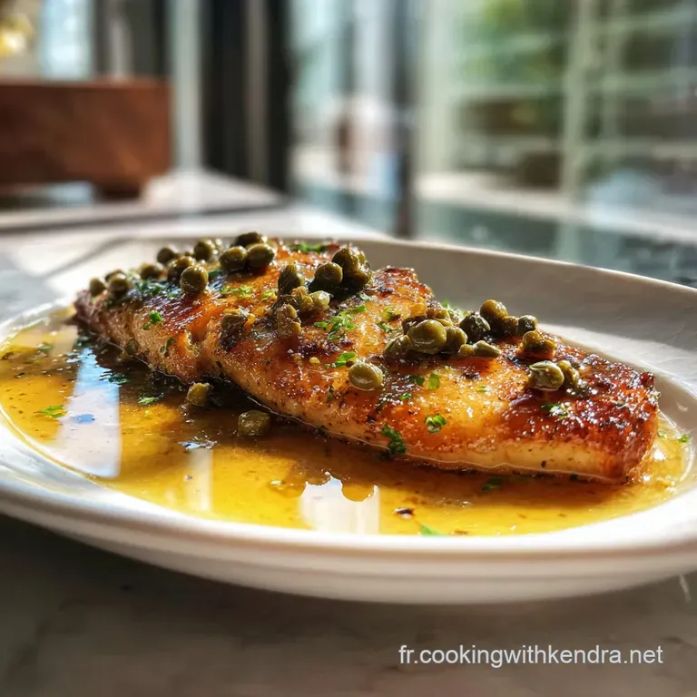 Delicate skate wing with crispy edges plated beside vibrant capers and a wedge of lemon. A light sauce glistens on the plate.