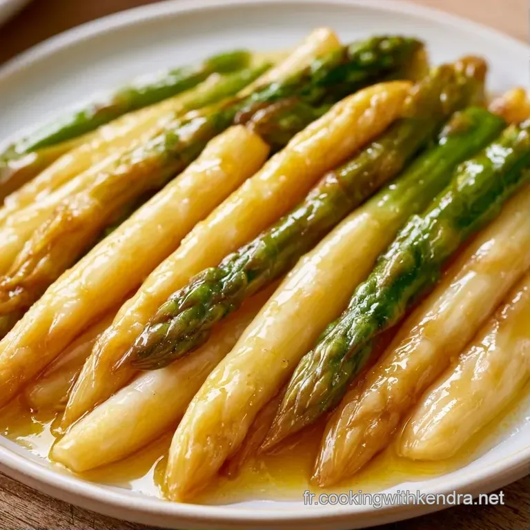 Asperges d'un blanc nacr&eacute; align&eacute;es avec soin, surmont&eacute;es d'un beurre noisette ambr&eacute; et de quelques &eacute;clats de sel fin.