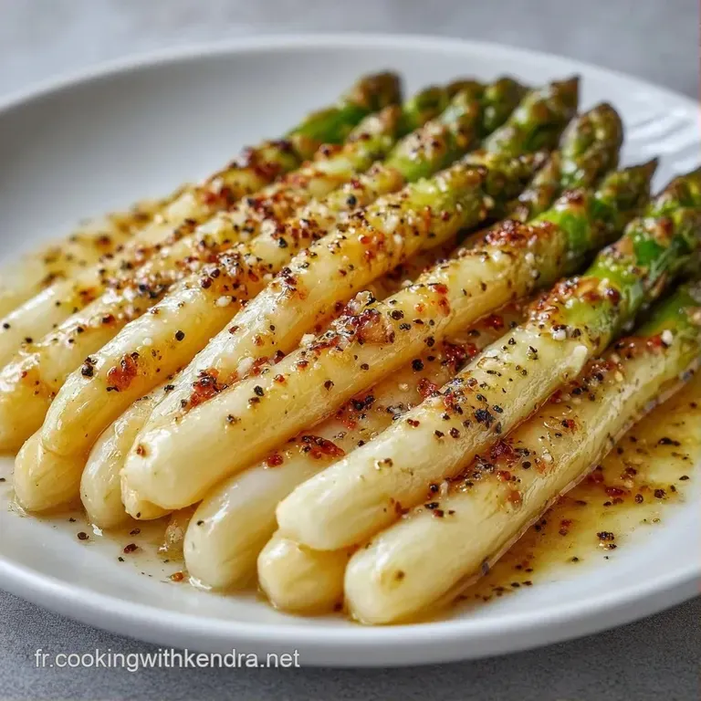 Asperges ivoire align&eacute;es avec soin, surmont&eacute;es de noisettes de beurre fondant et d'une touche de persil vert frais.