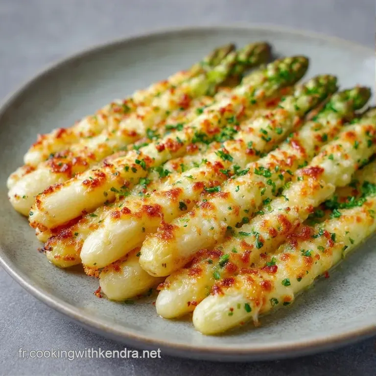 Quelques asperges blanches align&eacute;es, recouvertes de fromage grill&eacute;, servies sur une assiette blanche &eacute;pur&eacute;e.