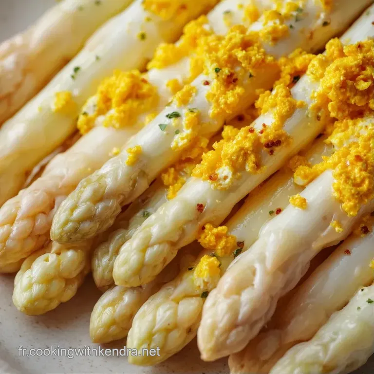 Asperges nacr&eacute;es dispos&eacute;es avec soin, surmont&eacute;es d'une sauce onctueuse et jaune p&acirc;le, d&eacute;cor&eacute;es d'un brin de persil frais.