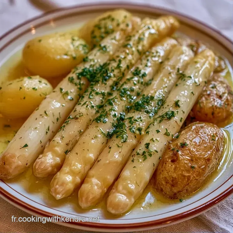 Alignement &eacute;l&eacute;gant de tiges d'asperges nacr&eacute;es et pommes translucides sur une assiette blanche &eacute;pur&eacute;e et lumineuse.