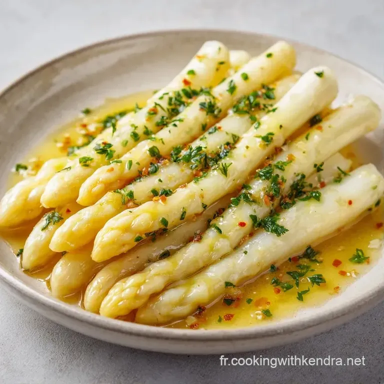 Asperges nacr&eacute;es align&eacute;es avec soin, recouvertes d'un nappage velout&eacute; et brillant, d&eacute;cor&eacute;es d'une touche de vert frais.