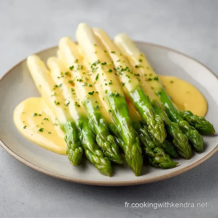 Asperges blanches tendres dispos&eacute;es avec soin sur un lit de cr&egrave;me velout&eacute;e lisse, d&eacute;cor&eacute;es de quelques grains de poivre.