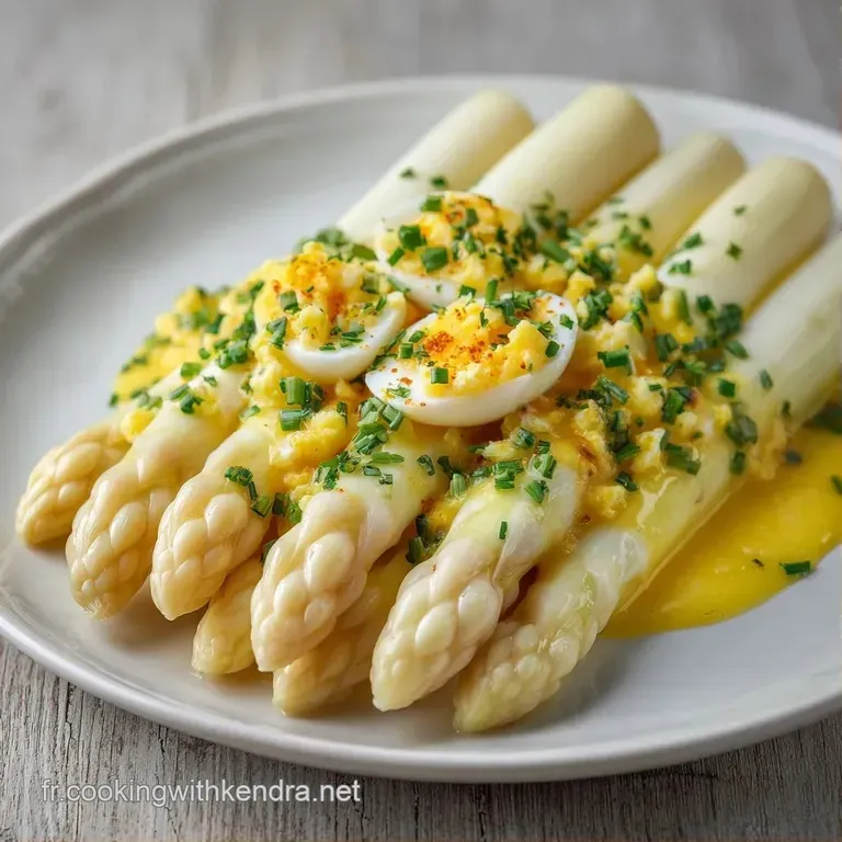 Asperges ivoire align&eacute;es avec pr&eacute;cision, surmont&eacute;es d'un voile de sauce velout&eacute;e et d'une pinc&eacute;e d'herbes vertes.