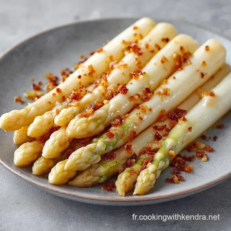 Asperges blanches align&eacute;es, luisantes de beurre fondu, avec des &eacute;clats d'ail dor&eacute; sur une assiette blanche &eacute;pur&eacute;e.