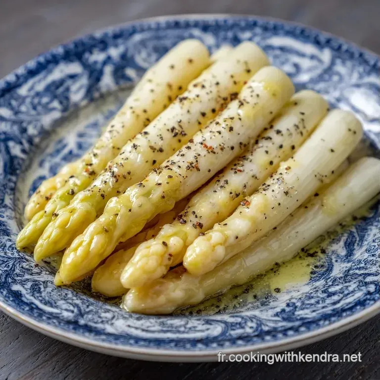 Quelques tiges d'un blanc cr&egrave;me dispos&eacute;es avec soin, brillantes sous une lumi&egrave;re douce avec un filet de beurre dor&eacute;.