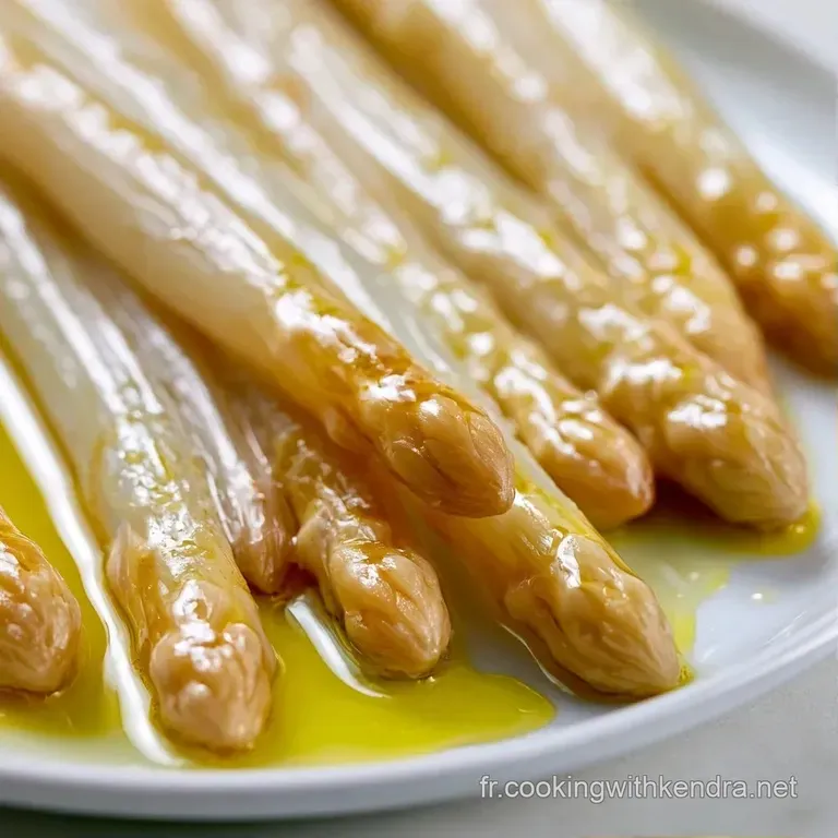 Asperges ivoire tendres dispos&eacute;es avec soin sur une assiette blanche, napp&eacute;es d'une sauce onctueuse et brillante.